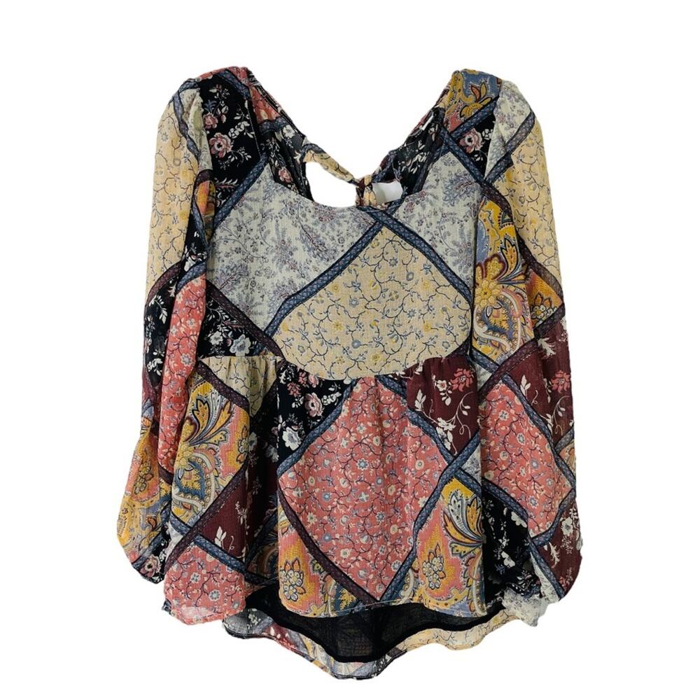 AEO black pink blue floral cottagecore patchwork boho tie top XS